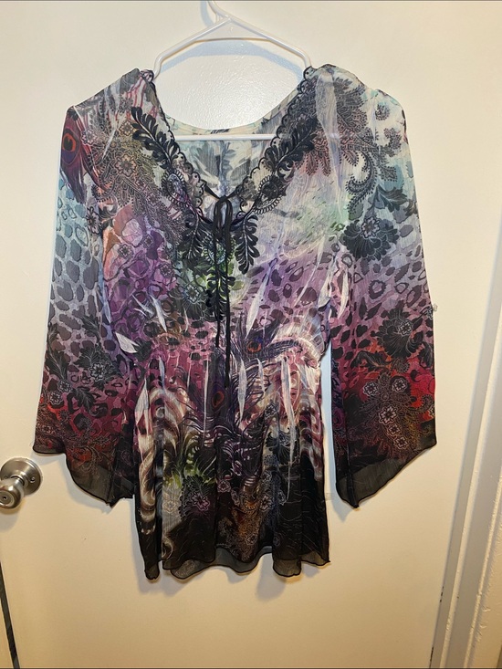 Tops - Sheer Multi-Color Print Tie-Front Women’s Blouse